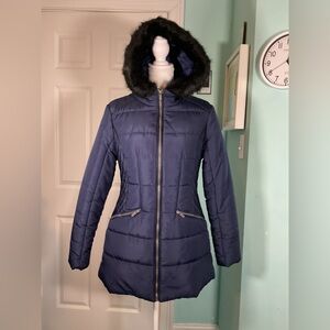 Celebrity Pink Navy Puffer Jacket with Fur Hood